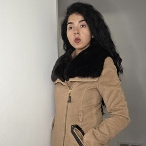 Via Spiga Tan Pea Coat with Black Faux Fur Collar